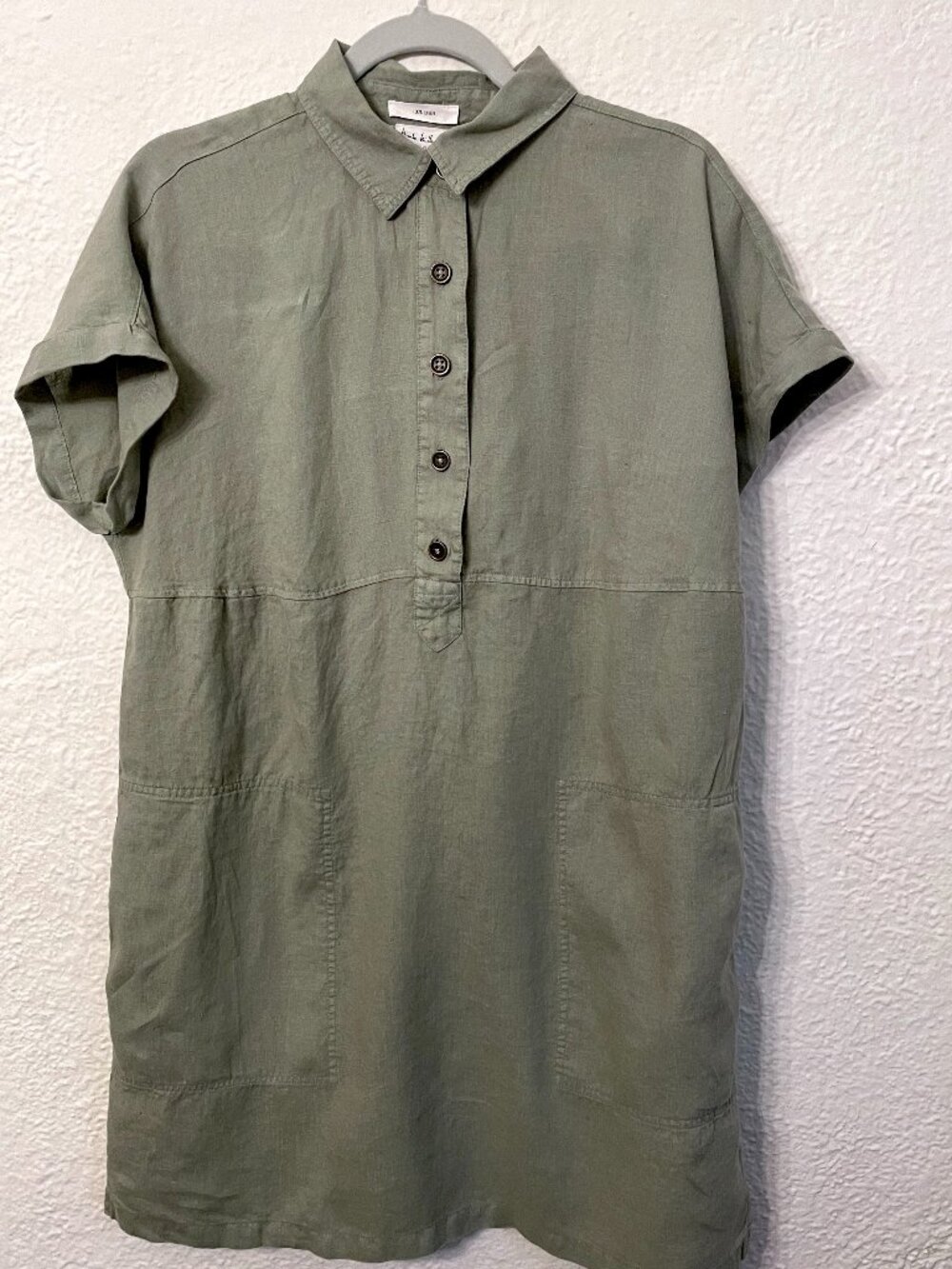 Nicole Miller NY 100% Linen Shirt Dress M Olive Green Utility Tunic Gorpcore